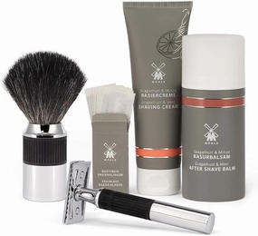 MÜHLE NEO Bundle - 4 Piece Set - Safety Razor Chrome-Plated Blades, Cream, After Shave - Closed Comb, Rubber Grip, Black