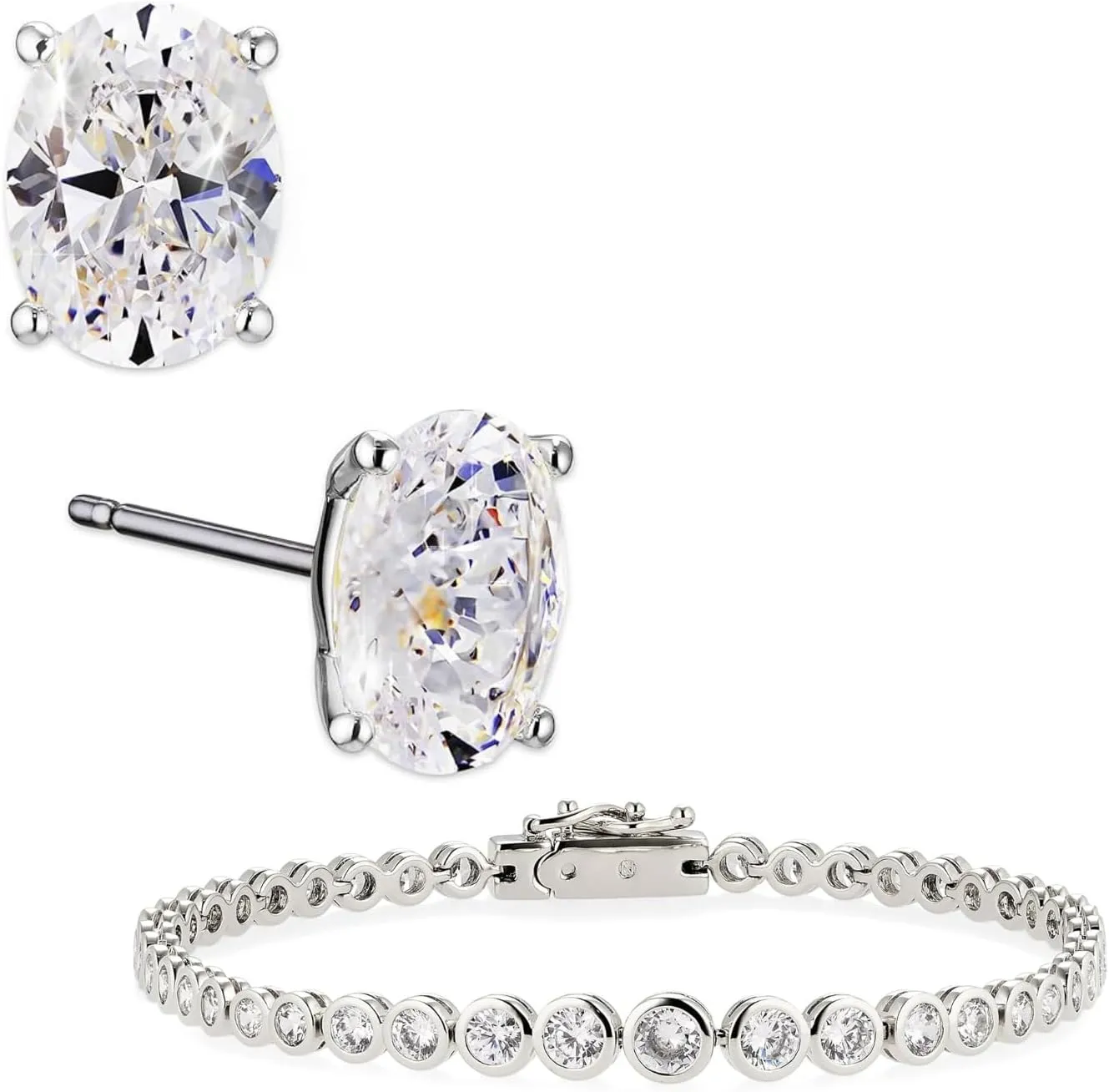 NADRI Oval Stud Earrings and Tennis Bracelet For Women, Bridal Jewelry