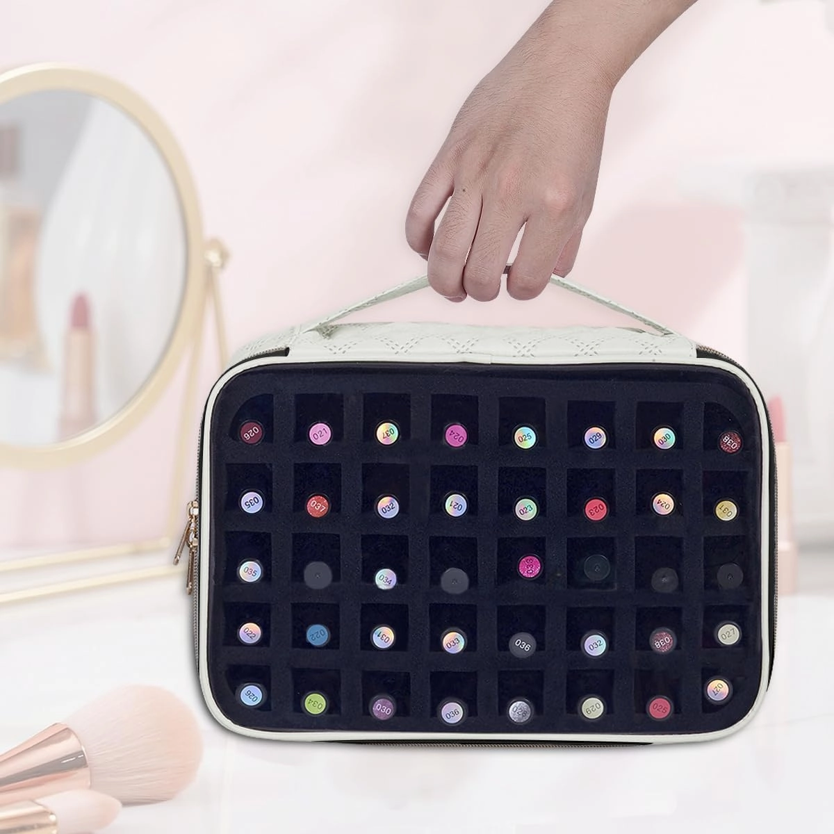Nail Polish Bag organizer-Holds 40 bottles(15ml-0.5fl.oz)，Nail Polish Carrying Case Clear Multifunctional Cosmetic Travel Cases Makeup Bags Beige