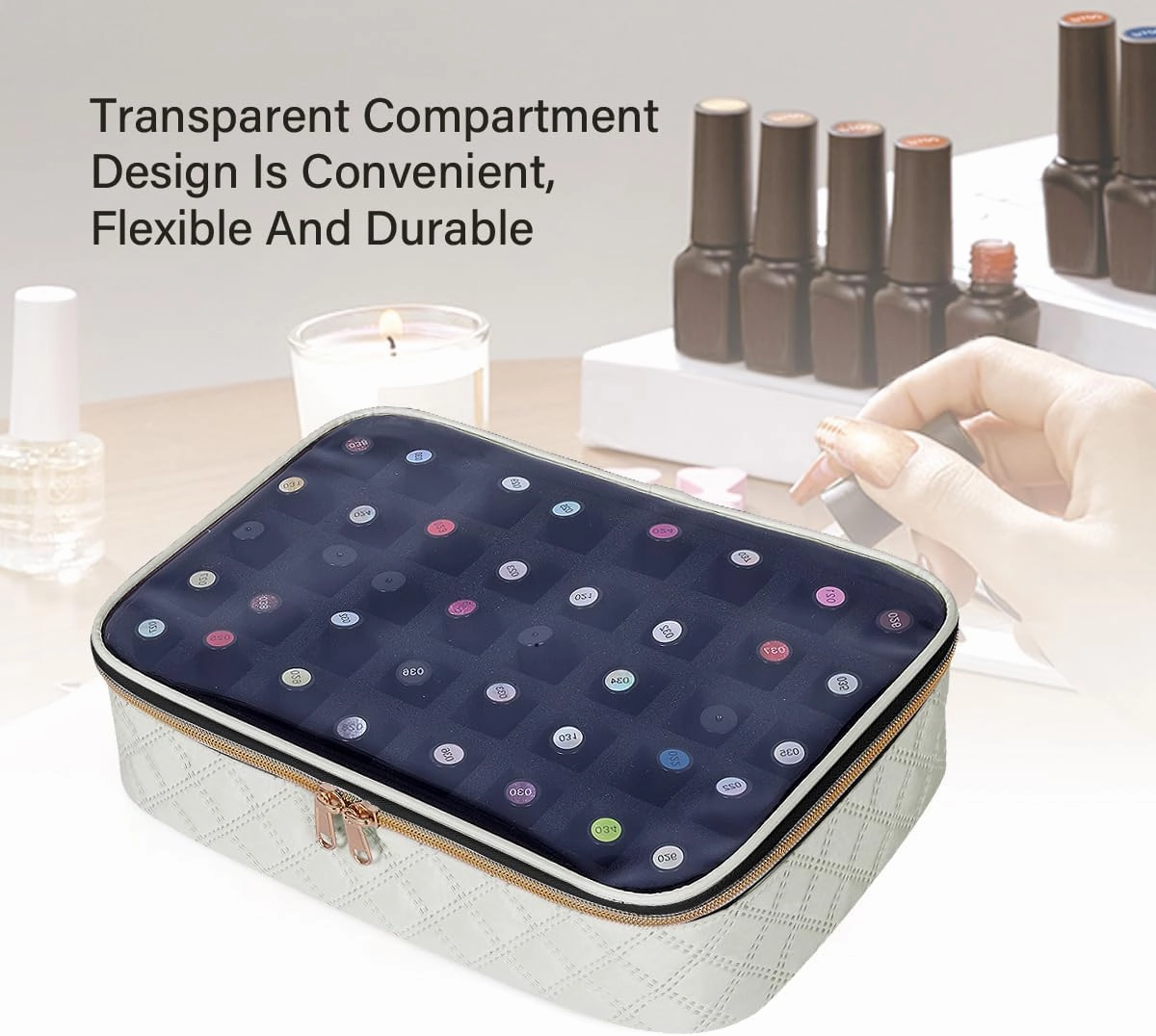 Nail Polish Bag organizer-Holds 40 bottles(15ml-0.5fl.oz)，Nail Polish Carrying Case Clear Multifunctional Cosmetic Travel Cases Makeup Bags Beige