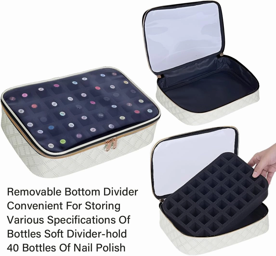 Nail Polish Bag organizer-Holds 40 bottles(15ml-0.5fl.oz)，Nail Polish Carrying Case Clear Multifunctional Cosmetic Travel Cases Makeup Bags Beige