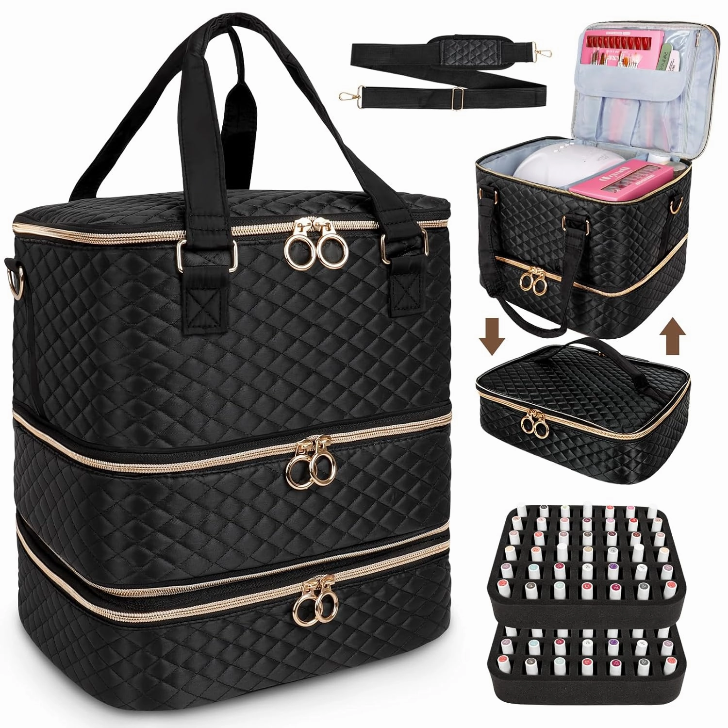 Nail Polish Organizer Bag, 3 Layers Nail Kit Organizers and Storage Case Holds 84 Bottles(15ml/0.5fl.oz)& Nail Lamp, Large Shoulder Bag Travel Carrying Case Box for Nail Supplies