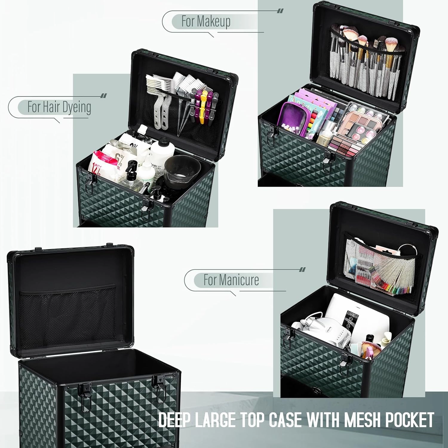 Nail Trolley Cart with 3 Drawers, Salon Station Cosmetology Case on Wheels Rolling Makeup Train Case Nail Case Organizer Beauty Salon Travel Case for Nailart,SPA,Hairstylist,Artist,Dark Green