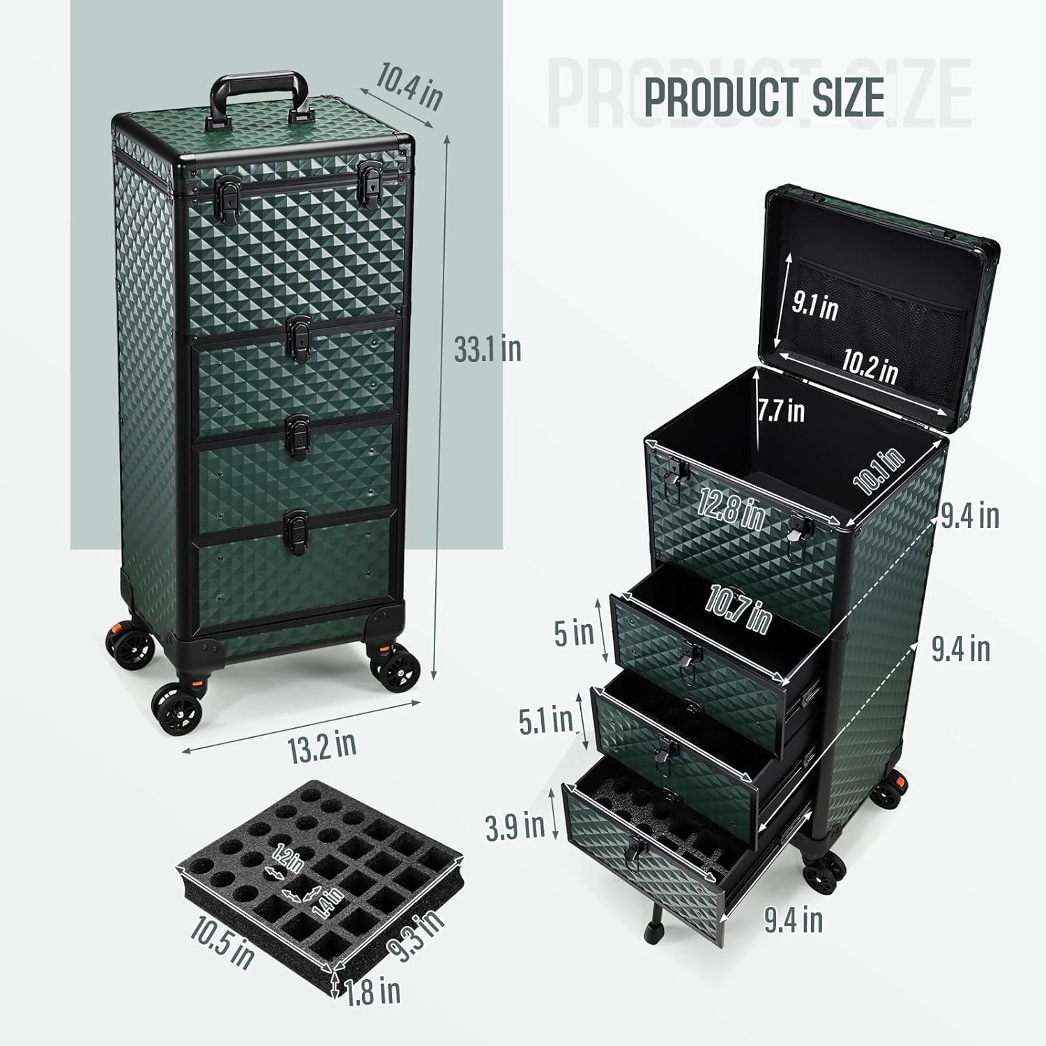 Nail Trolley Cart with 3 Drawers, Salon Station Cosmetology Case on Wheels Rolling Makeup Train Case Nail Case Organizer Beauty Salon Travel Case for Nailart,SPA,Hairstylist,Artist,Dark Green