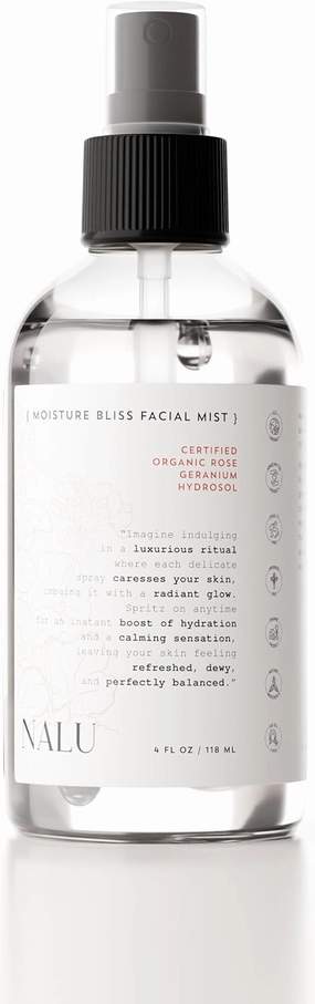 NALU Organic Moisture Bliss Facial Mist. Purest Rose Geranium Hydrosol. Burst of Hydration. Soothes, Refreshes & Balances Your Complexion. All Skin Type, 4 Fl Oz.