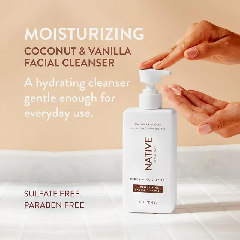 Native Moisturizing Face Wash, Spa Day Every Day Facial Cleanser (2 Pack) | Daily Face Cleaner for Radiant and Bright Skin, Coconut & Vanilla, 12 fl oz