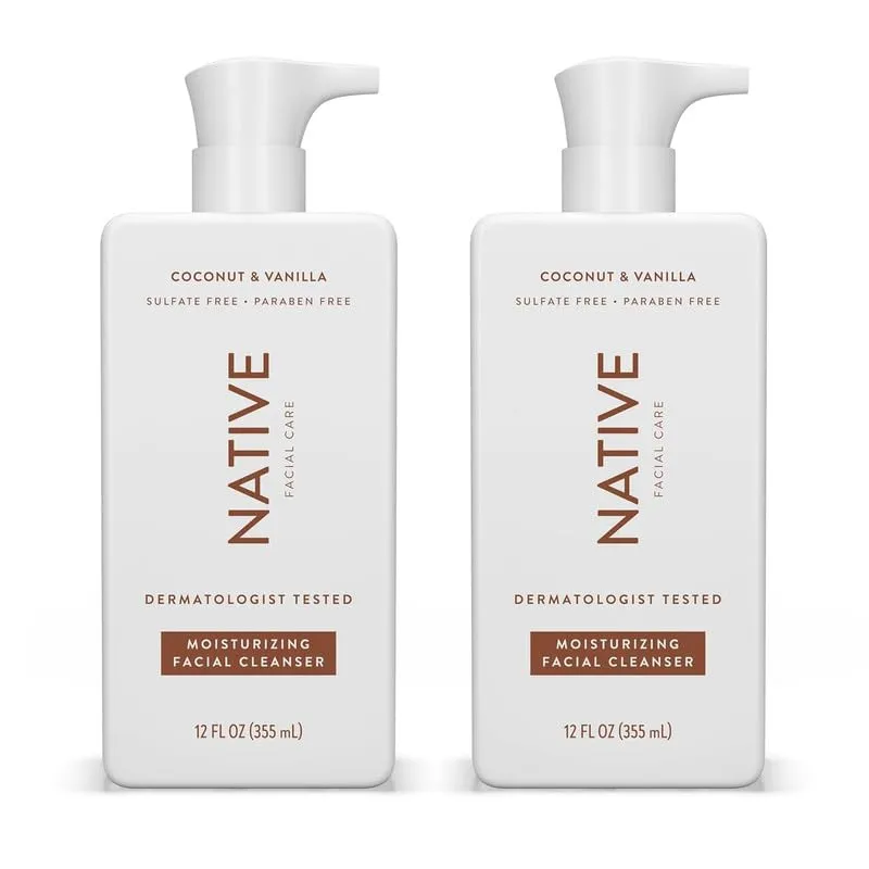 Native Moisturizing Face Wash, Spa Day Every Day Facial Cleanser (2 Pack) | Daily Face Cleaner for Radiant and Bright Skin, Coconut & Vanilla, 12 fl oz
