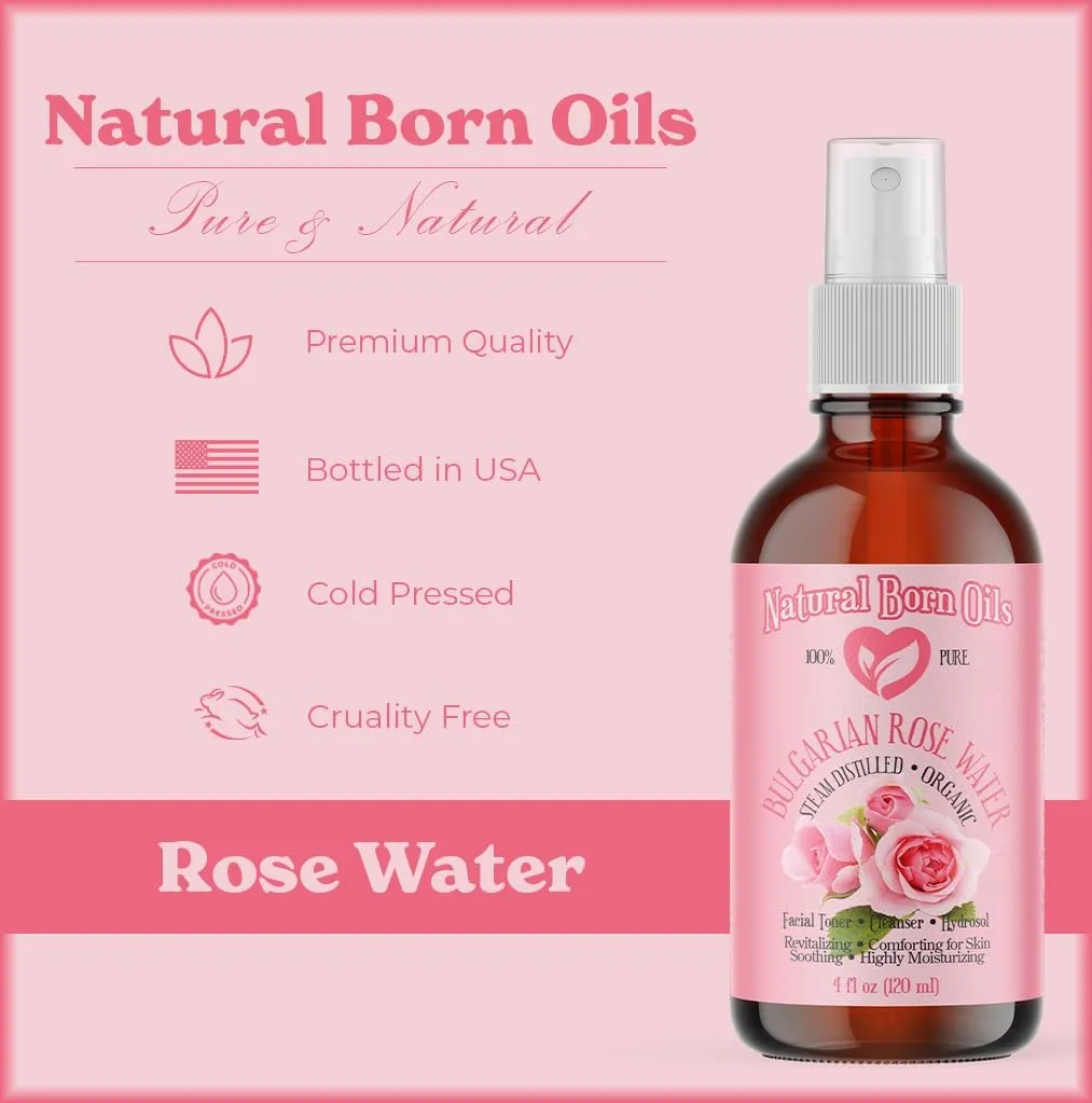 Natural Born Oils Rose Water, 16oz, Organic, Hydrating Facial Mist, Excellent for Revitalizing Skin, Natural Beauty Enhancer