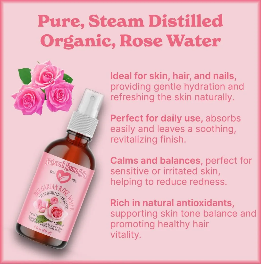 Natural Born Oils Rose Water, 16oz, Organic, Hydrating Facial Mist, Excellent for Revitalizing Skin, Natural Beauty Enhancer
