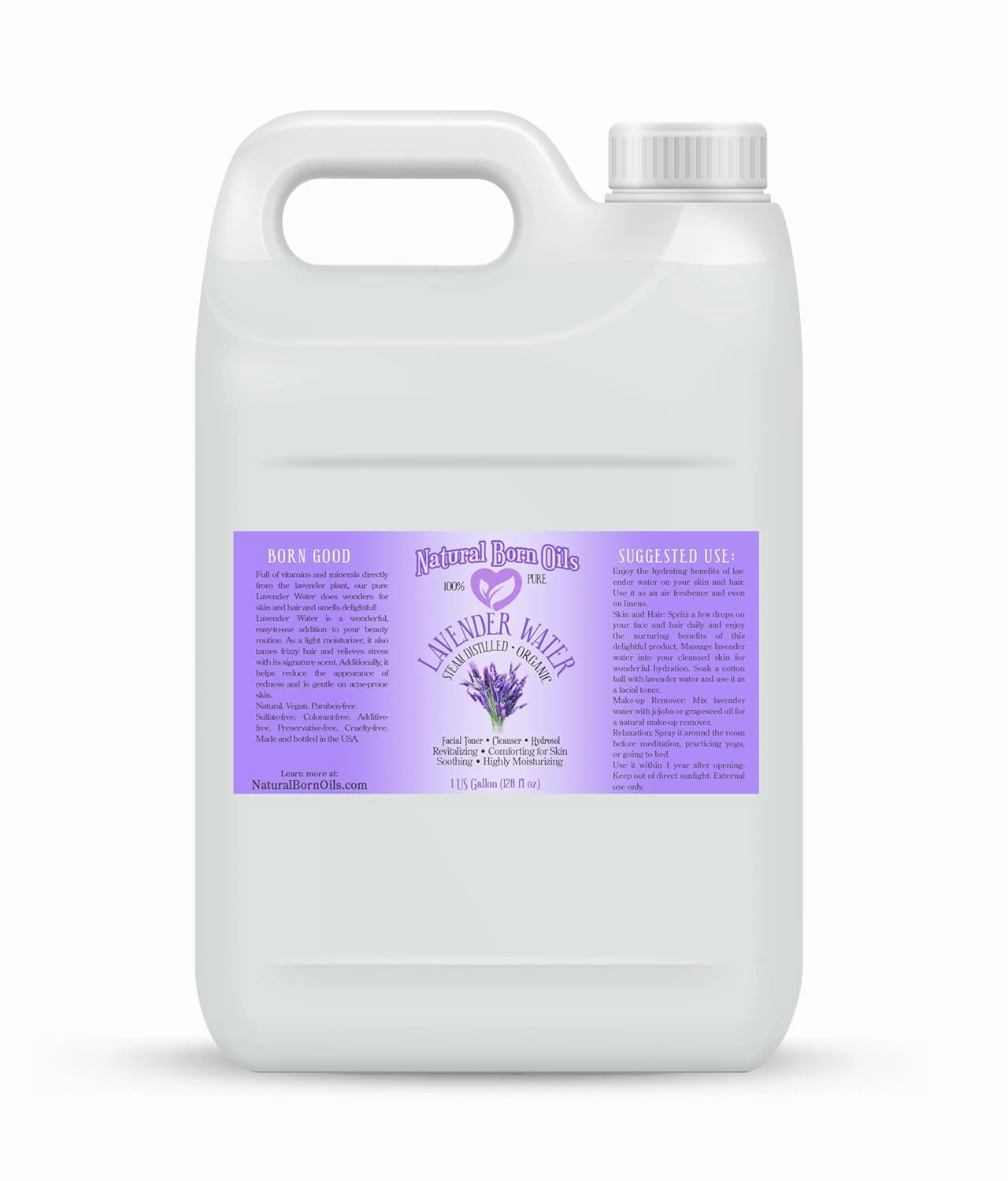 Natural Born Oils Lavender Water, 1 Gallon, Organic, Hydrosol, Calming Essence, Skin Balancing, Hair and Scalp Care