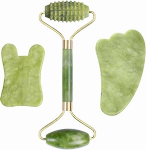 Natural Jade Stone Facial Massage Roller Gua Sha Board 3 Pcs/Set Gouache Scraper For Face Body Tools,J