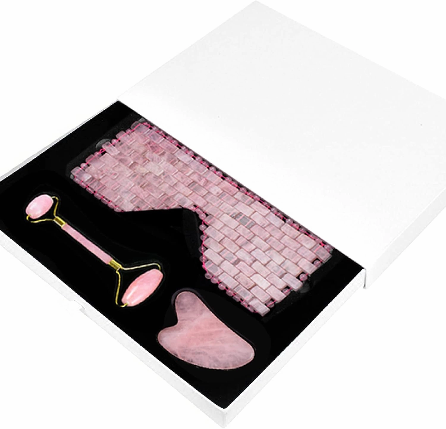 Natural Rose Quartz Eye Mask Kit Jade Stone Roller Gua Sha Massage Tool Facial Massager Set,3 in 1-Pu No Box