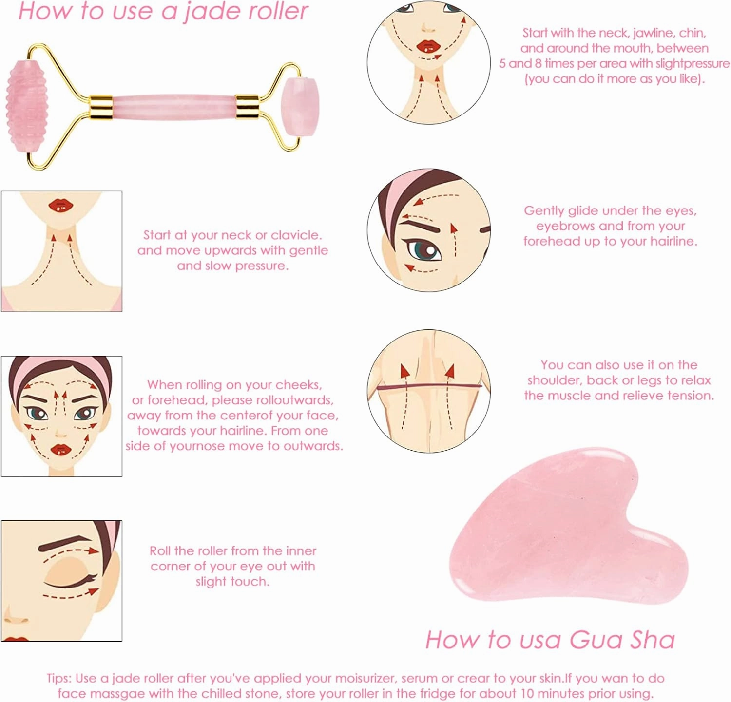 Natural Rose Quartz Eye Mask Kit Jade Stone Roller Gua Sha Massage Tool Facial Massager Set,3 in 1-Pu No Box