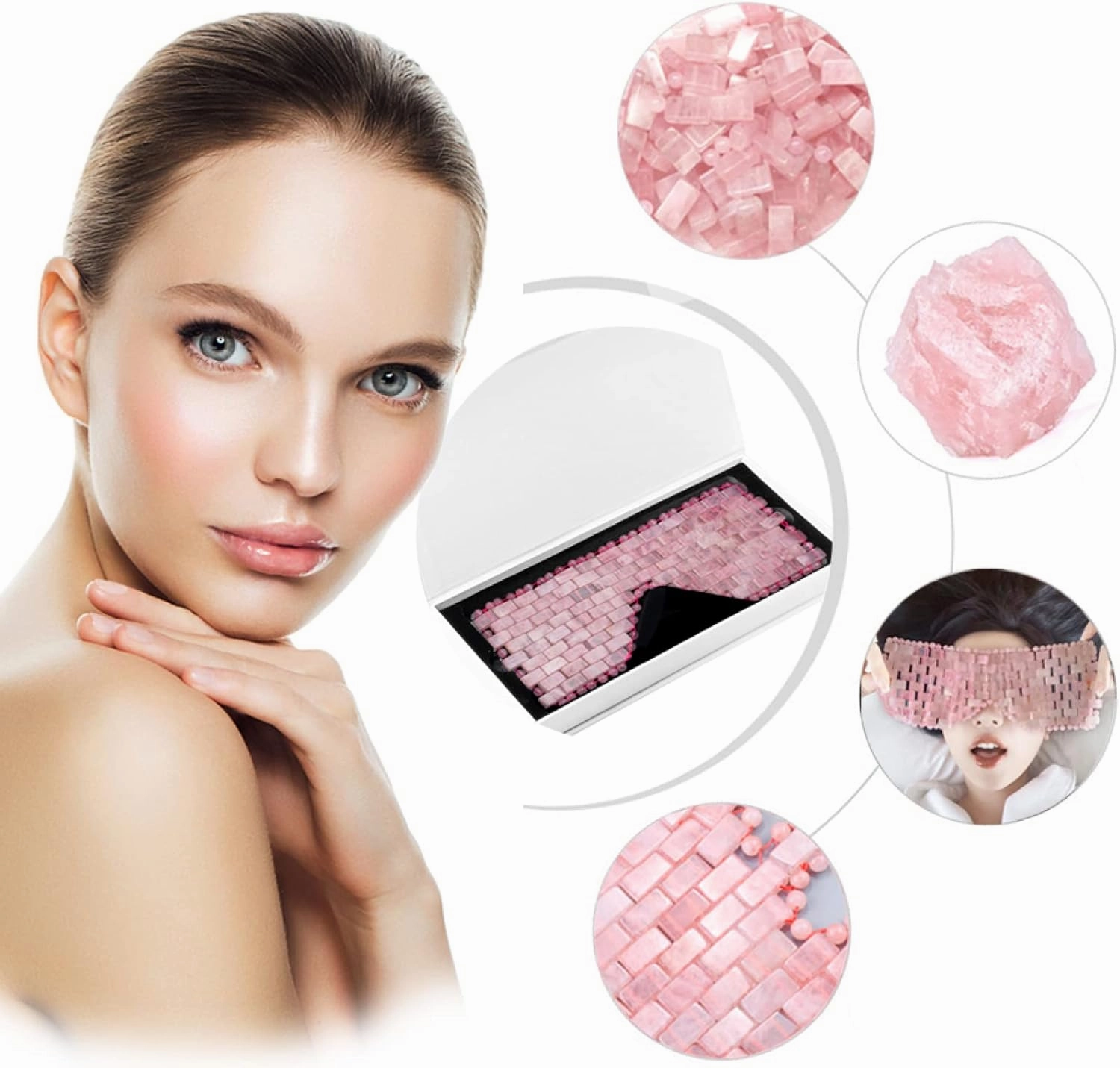 Natural Rose Quartz Eye Mask Kit Jade Stone Roller Gua Sha Massage Tool Facial Massager Set,3 in 1-Pu No Box