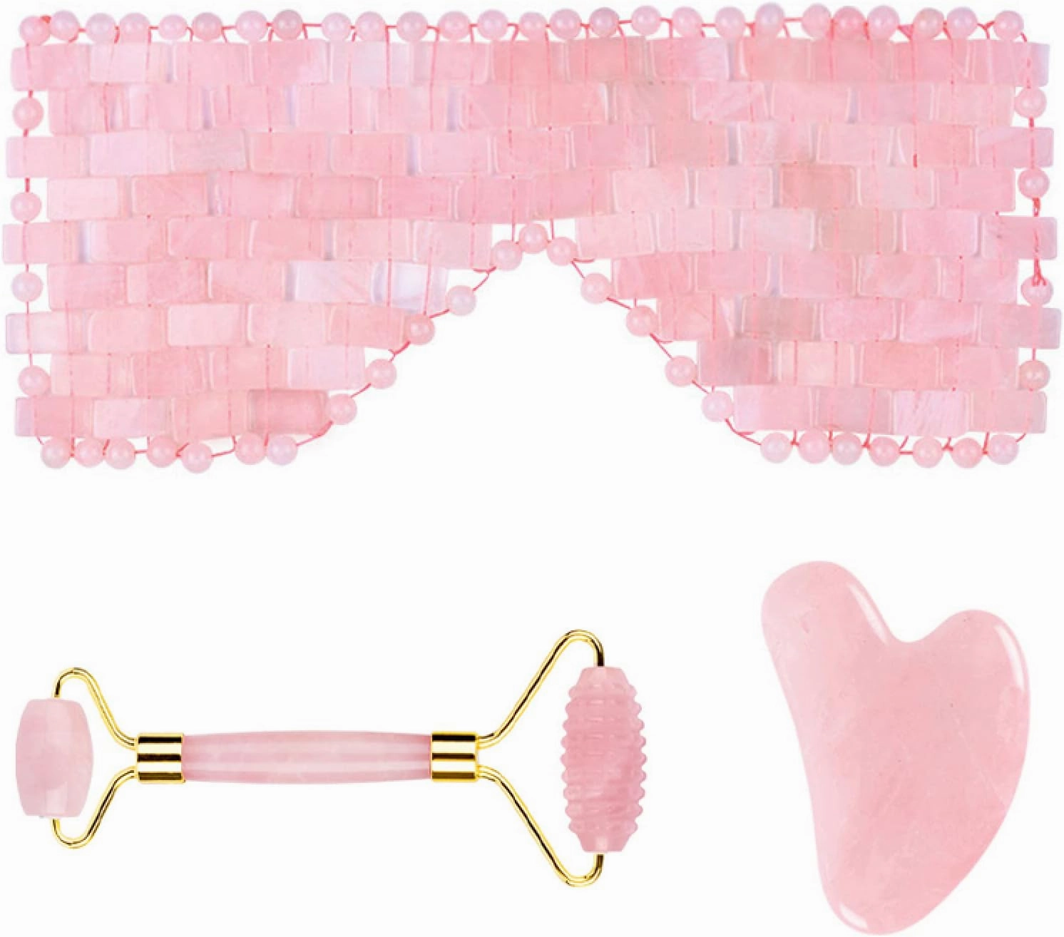 Natural Rose Quartz Eye Mask Kit Jade Stone Roller Gua Sha Massage Tool Facial Massager Set,3 in 1-Pu No Box