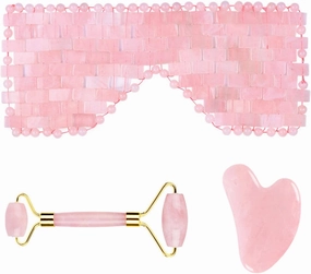 Natural Rose Quartz Eye Mask Kit Jade Stone Roller Gua Sha Massage Tool Facial Massager Set,3 in 1-Pu No Box