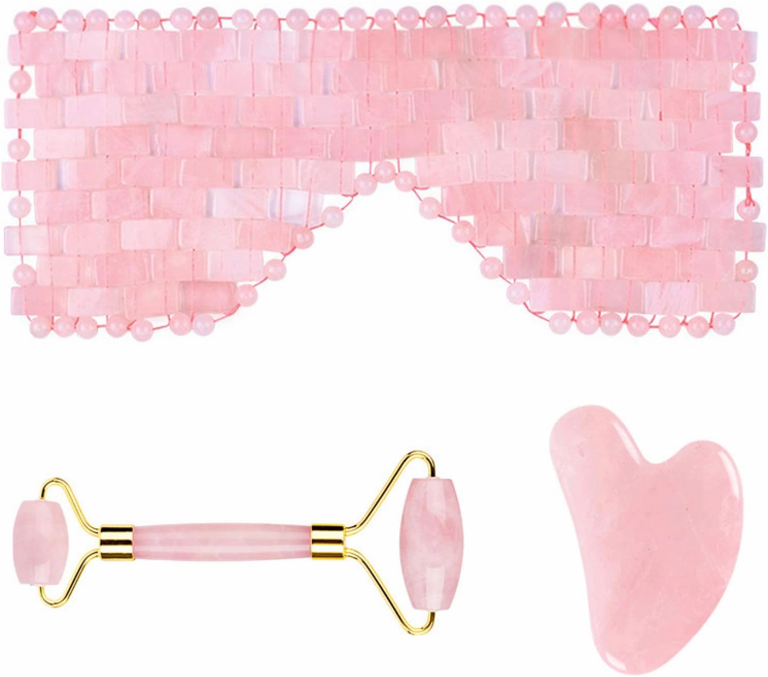 Natural Rose Quartz Eye Mask Kit Jade Stone Roller Gua Sha Massage Tool Facial Massager Set,3 in 1-Pu No Box