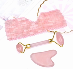 Natural Rose Quartz Face Jade Mask Tool Pink Crystal Jade Eye Mask Gouache Stone Facial Crystal Massager,3Pcs Set No Box