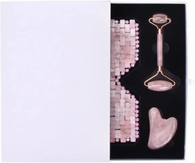Natural Rose Quartz Face Jade Mask Tool Pink Crystal Jade Eye Mask Gouache Stone Facial Crystal Massager,3Pcs Set With Box