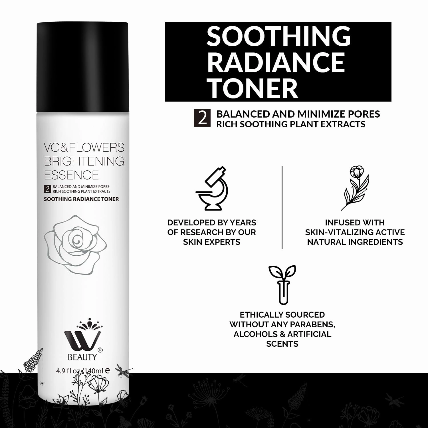 Natural Soothing Radiance Facial Toner| Alcohol Free with Rose Water and Aloe Vera | Organic Anti Aging Ingredients for Sensitive Skin, Combination, Acne, and Oily Skin | Skin Toner 4.9 Oz /140 ml