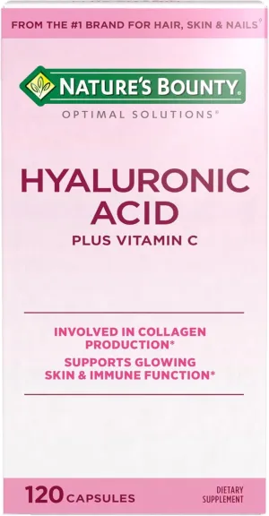 Nature's Bounty Vitamin C and Hyaluronic Acid Supplement, Supports Glowing Skin, Immune Function & Collagen Production, 120 Capsules - 60 Day Supply, Optimal Solutions Supplements for Skin Health