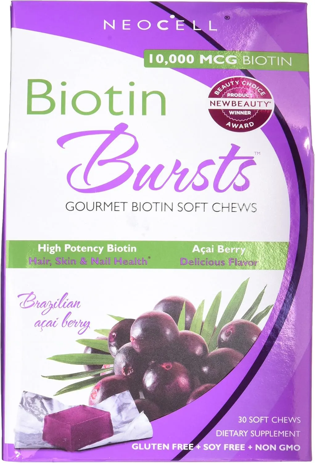 Neocell Neocell Laboratories Biotin Bursts Chewable Acai Berry, High Potency, 30 Count (Pack of 2)