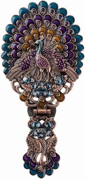Nerien Vintage Hand Mirror, Vanity Makeup Mirror, Travel Foldable Peacock Antique Handheld Mirror, Portable Adjustable Embossed Handle Mirror, Decorative Oval Metal Beauty Cosmetic Mirror, Copper