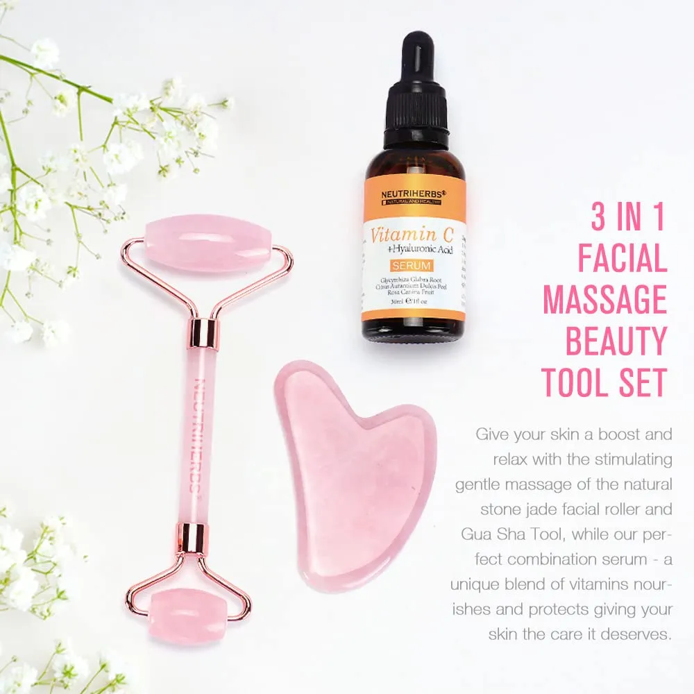 Neutriherbs Jade Gua Sha & Face Roller & Vitamin C Serum Facial Tool Set(3 in 1 Kit), Home Face Massager for Wrinkle,Fine Line,Puffiness,Firm Smooth Relax Skin - Pink