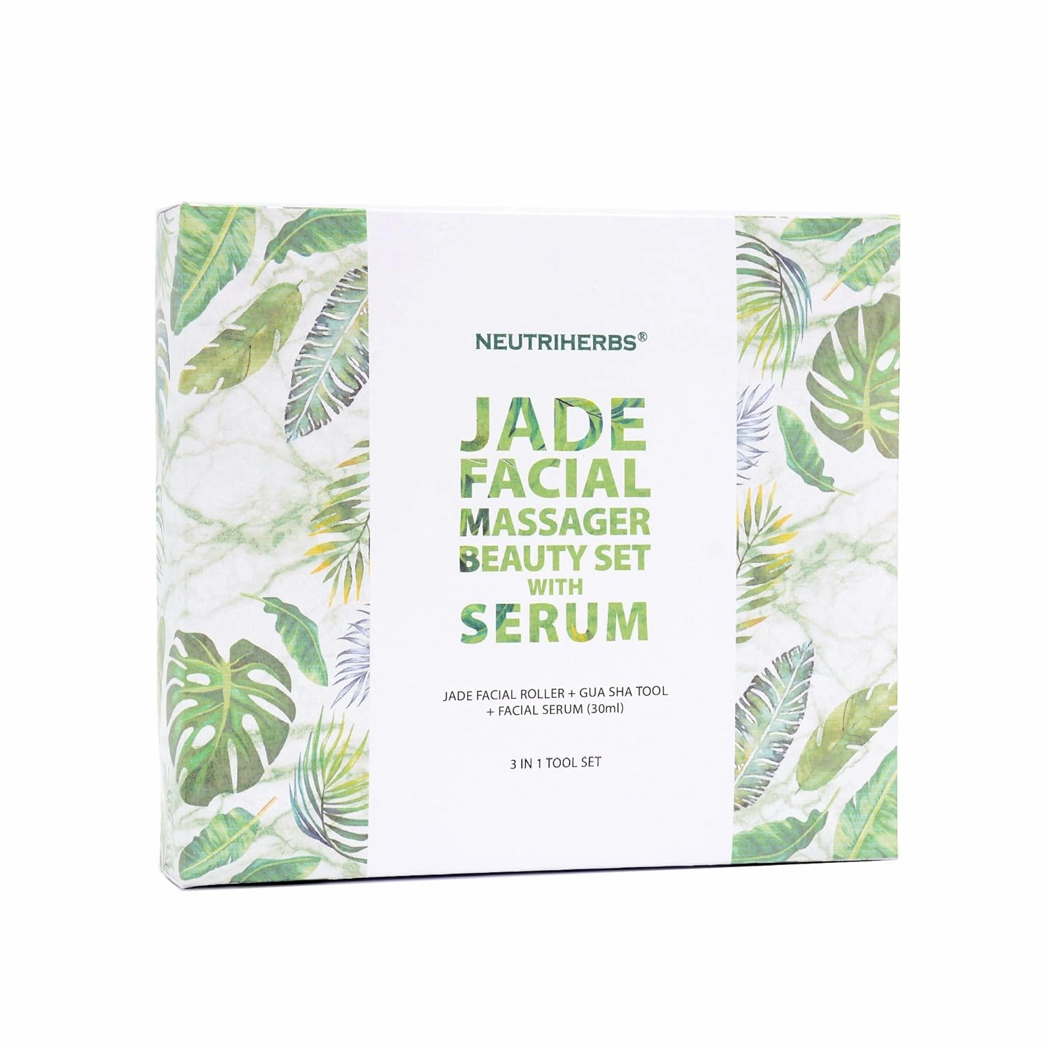 NEUTRIHERBS Jade Gua Sha & Face Roller & Vitamin C Serum Facial Tool Set(3 in 1 Kit), Home Face Massager for Wrinkle,Fine Line,Puffiness,Firm Smooth Relax Skin -- Green