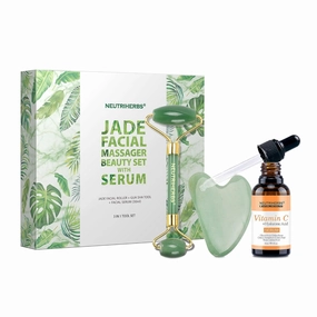 NEUTRIHERBS Jade Gua Sha & Face Roller & Vitamin C Serum Facial Tool Set(3 in 1 Kit), Home Face Massager for Wrinkle,Fine Line,Puffiness,Firm Smooth Relax Skin -- Green