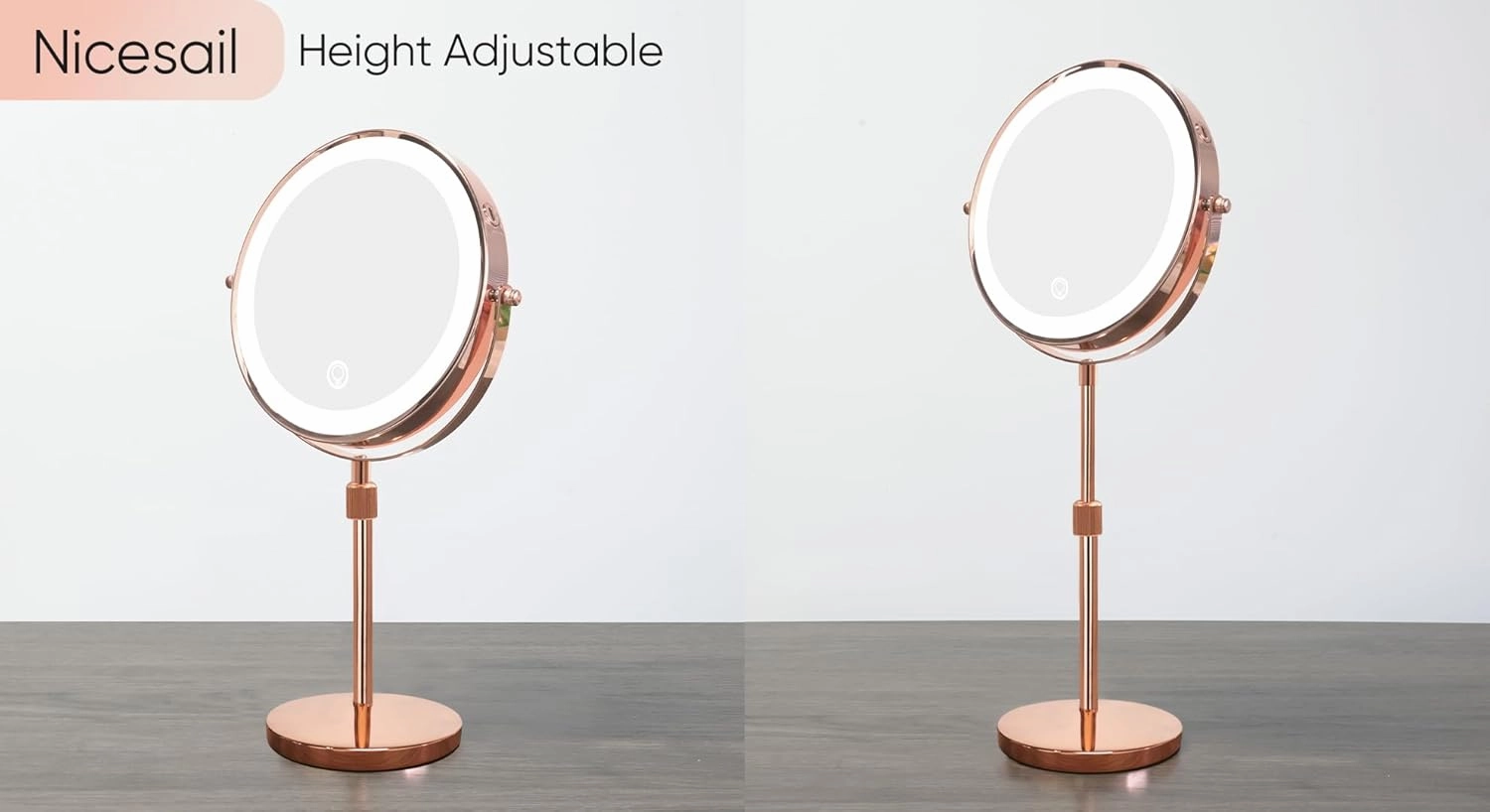 Nicesail LED Make up Mirror with Lighting, Magnifying Mirror with 3 Color Dimmable Lights, Height Adjustable Stand up 360°Rotation Double Sided, Rose Gold (8 Inch, 10X)