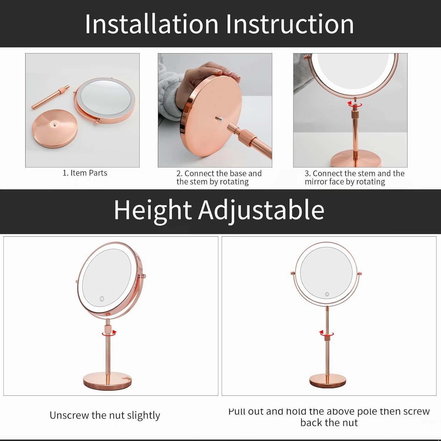 Nicesail LED Make up Mirror with Lighting, Magnifying Mirror with 3 Color Dimmable Lights, Height Adjustable Stand up 360°Rotation Double Sided, Rose Gold (8 Inch, 10X)