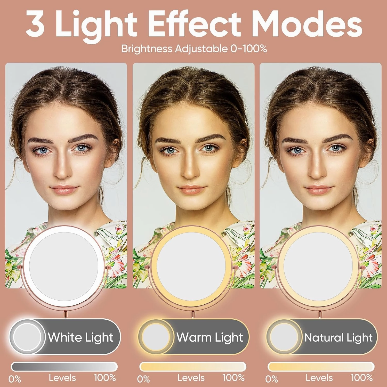 Nicesail LED Make up Mirror with Lighting, Magnifying Mirror with 3 Color Dimmable Lights, Height Adjustable Stand up 360°Rotation Double Sided, Rose Gold (8 Inch, 10X)