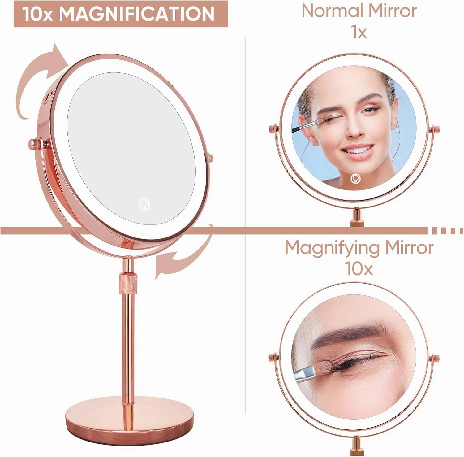 Nicesail LED Make up Mirror with Lighting, Magnifying Mirror with 3 Color Dimmable Lights, Height Adjustable Stand up 360°Rotation Double Sided, Rose Gold (8 Inch, 10X)