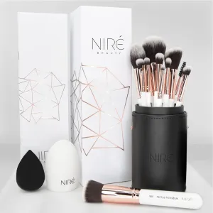 Niré Beauty White 15piece Award Winning Professional Makeup Brush Set: Vegan Makeup Brushes with Case, Makeup Sponge, Cleaner, Guide, Gift Box