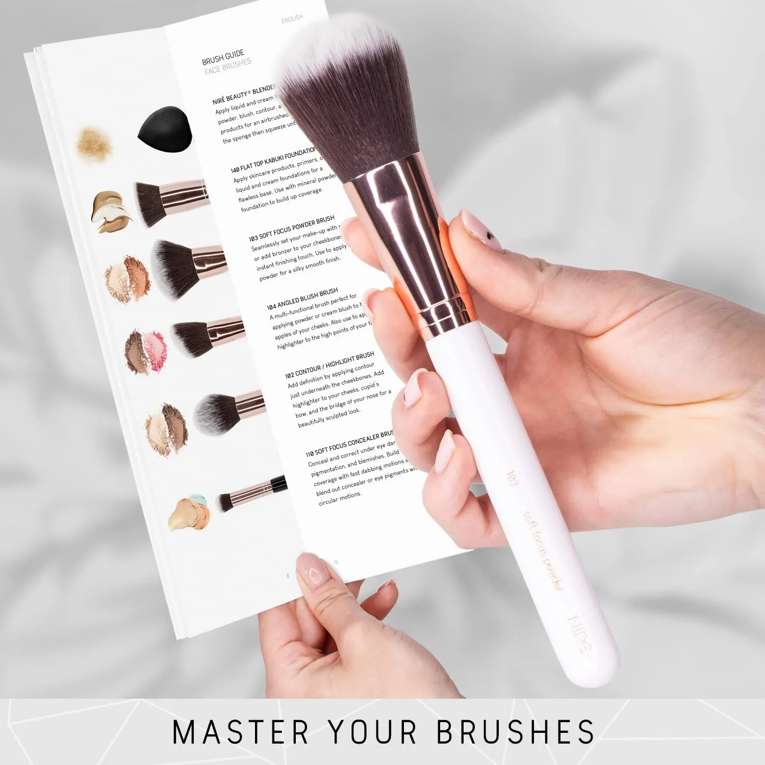 Niré Beauty White 15piece Award Winning Professional Makeup Brush Set: Vegan Makeup Brushes with Case, Makeup Sponge, Cleaner, Guide, Gift Box