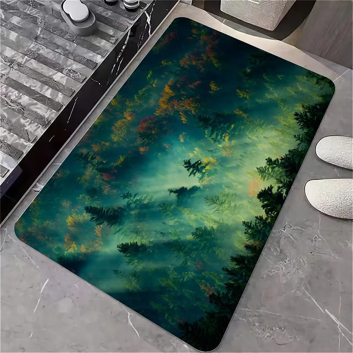 Non-Slip Diatomite Bath Mat, Fast Drying Super Absorbent Floor Mat with Mountain Design for Bathroom & Kitchen(Misty Forest Morning,20x31Inch (50 * 80cm))