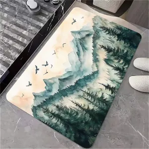 Non-Slip Diatomite Bath Mat, Fast Drying Super Absorbent Floor Mat with Mountain Design for Bathroom & Kitchen(Misty Mountains with Pine Trees,16x24Inch (40 * 60cm))