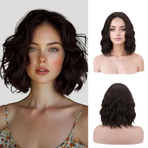 NOSTALGIA Dark Brown Wigs for Women Short Wavy Brown Bob Wig Synthetic Middle Part Curly Wavy Bob Wig Natural Looking Wigs for Daily Party Use