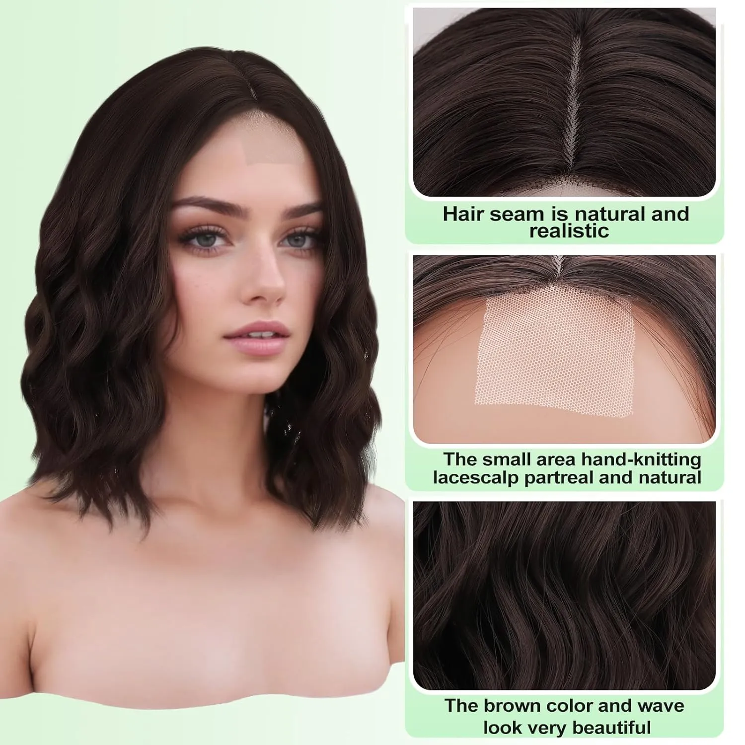 NOSTALGIA Dark Brown Wigs for Women Short Wavy Brown Bob Wig Synthetic Middle Part Curly Wavy Bob Wig Natural Looking Wigs for Daily Party Use