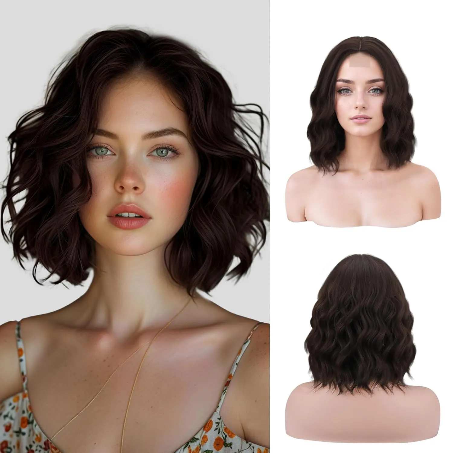 NOSTALGIA Dark Brown Wigs for Women Short Wavy Brown Bob Wig Synthetic Middle Part Curly Wavy Bob Wig Natural Looking Wigs for Daily Party Use