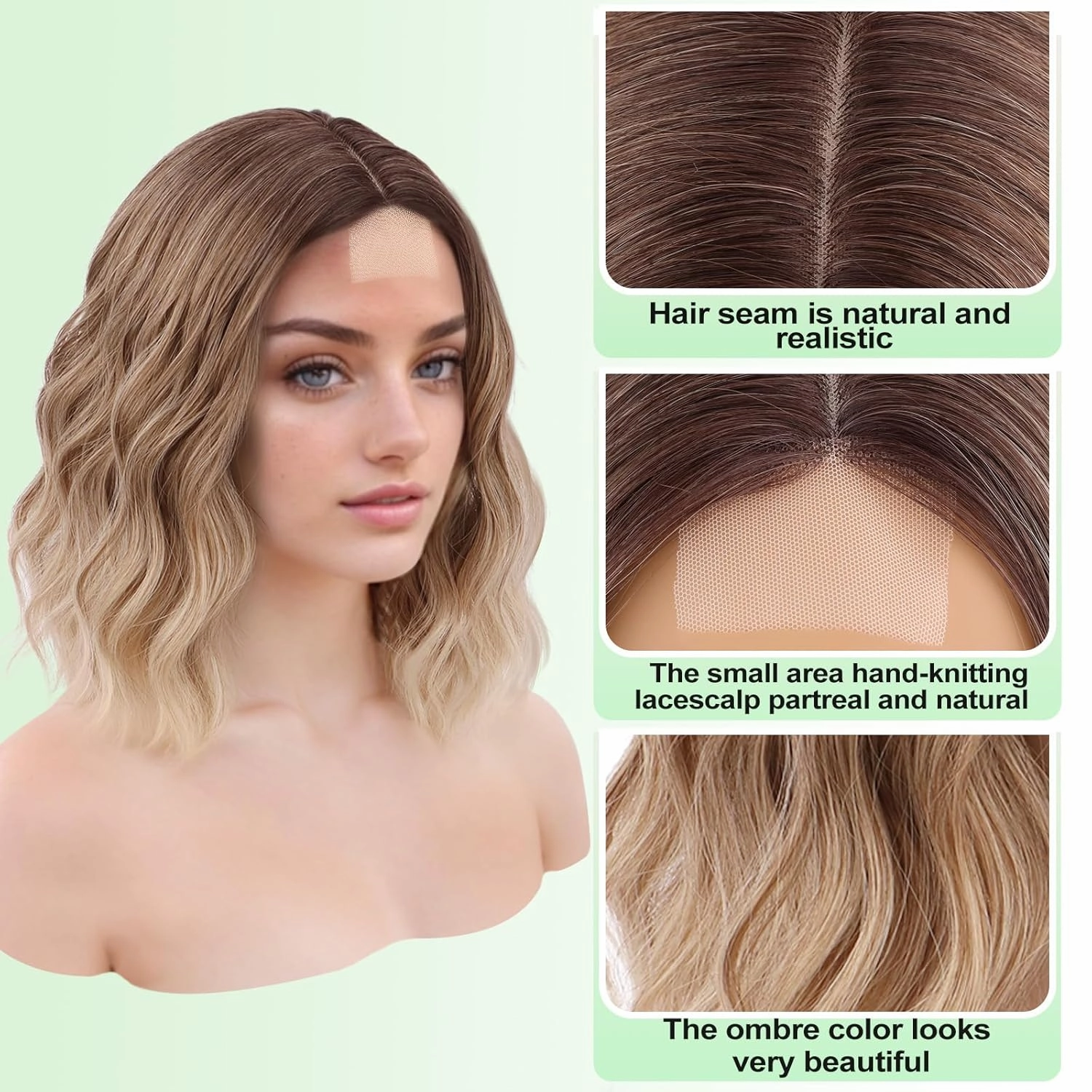 NOSTALGIA Short Ombre Blonde Wigs 14 Inch Wavy Curly Bob Wig Shoulder Length Middle Part Natural Looking Synthetic Blonde Hair Wigs for Women Daily Party Use