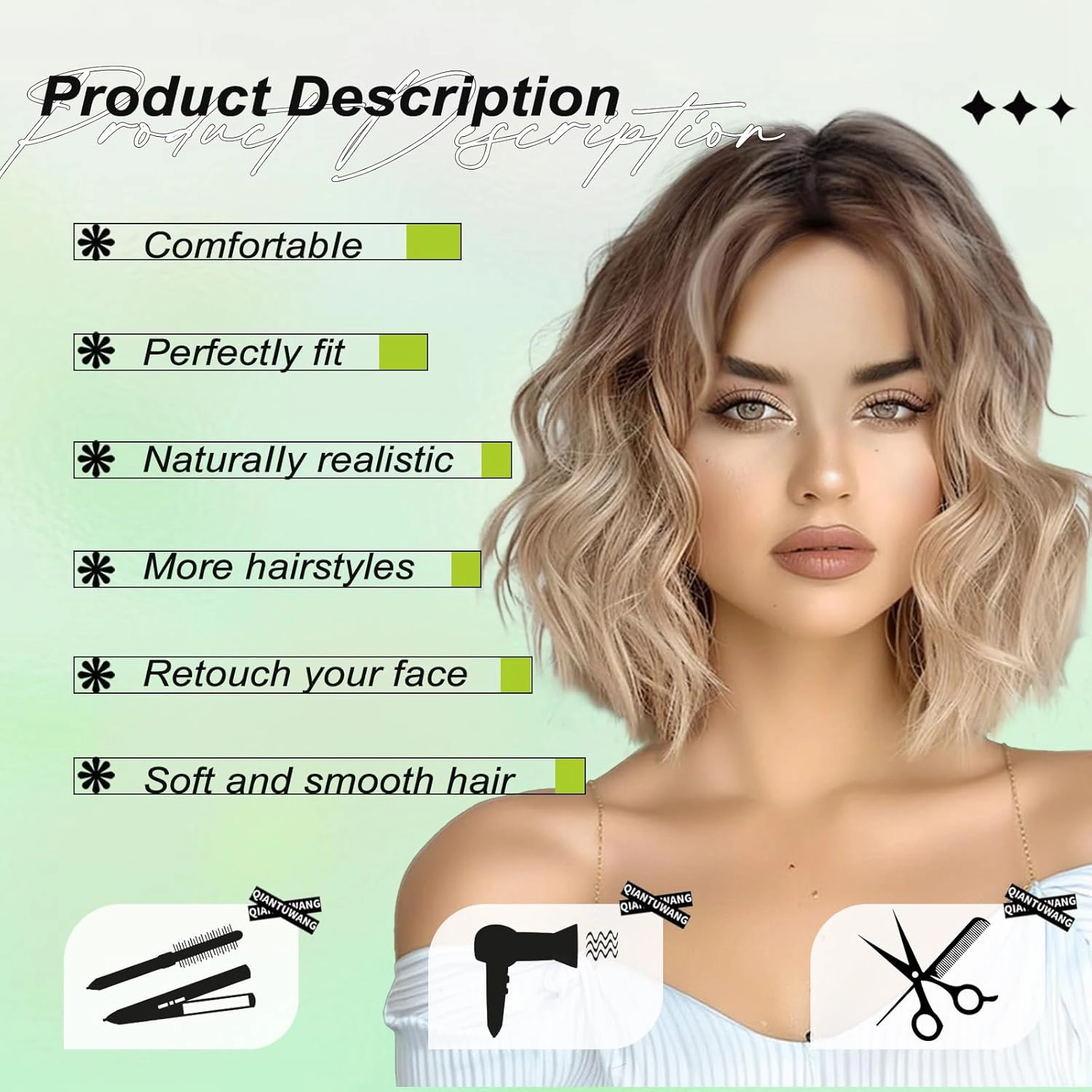 NOSTALGIA Short Ombre Blonde Wigs 14 Inch Wavy Curly Bob Wig Shoulder Length Middle Part Natural Looking Synthetic Blonde Hair Wigs for Women Daily Party Use