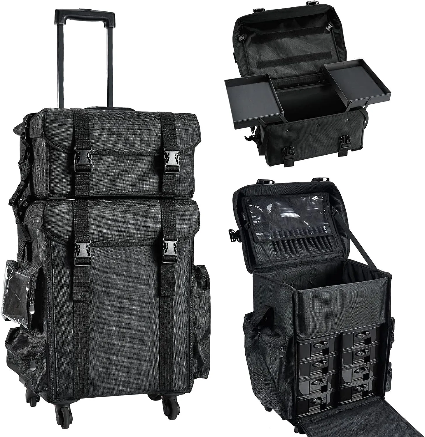 Nylon Rolling Makeup Train Case Soft Sided Trolley Freelance Makeup Artist Makeup Storage Cosmetic Organizer for Carry on Travel