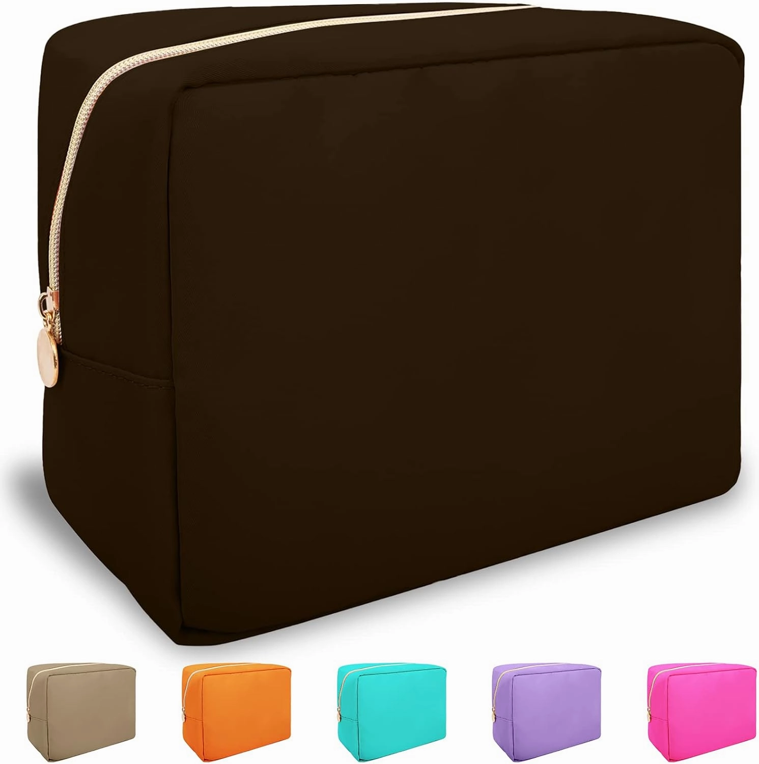 Nylon Large Makeup Bag Travel Pouch for Women, Preppy Big Makeup Bag Cute Cosmetic Zipper Pouch Purse, DIY Chenille Letter Bag Waterproof Toiletry Bag Clutch Make Up Organizer for Women Girls(Brown)
