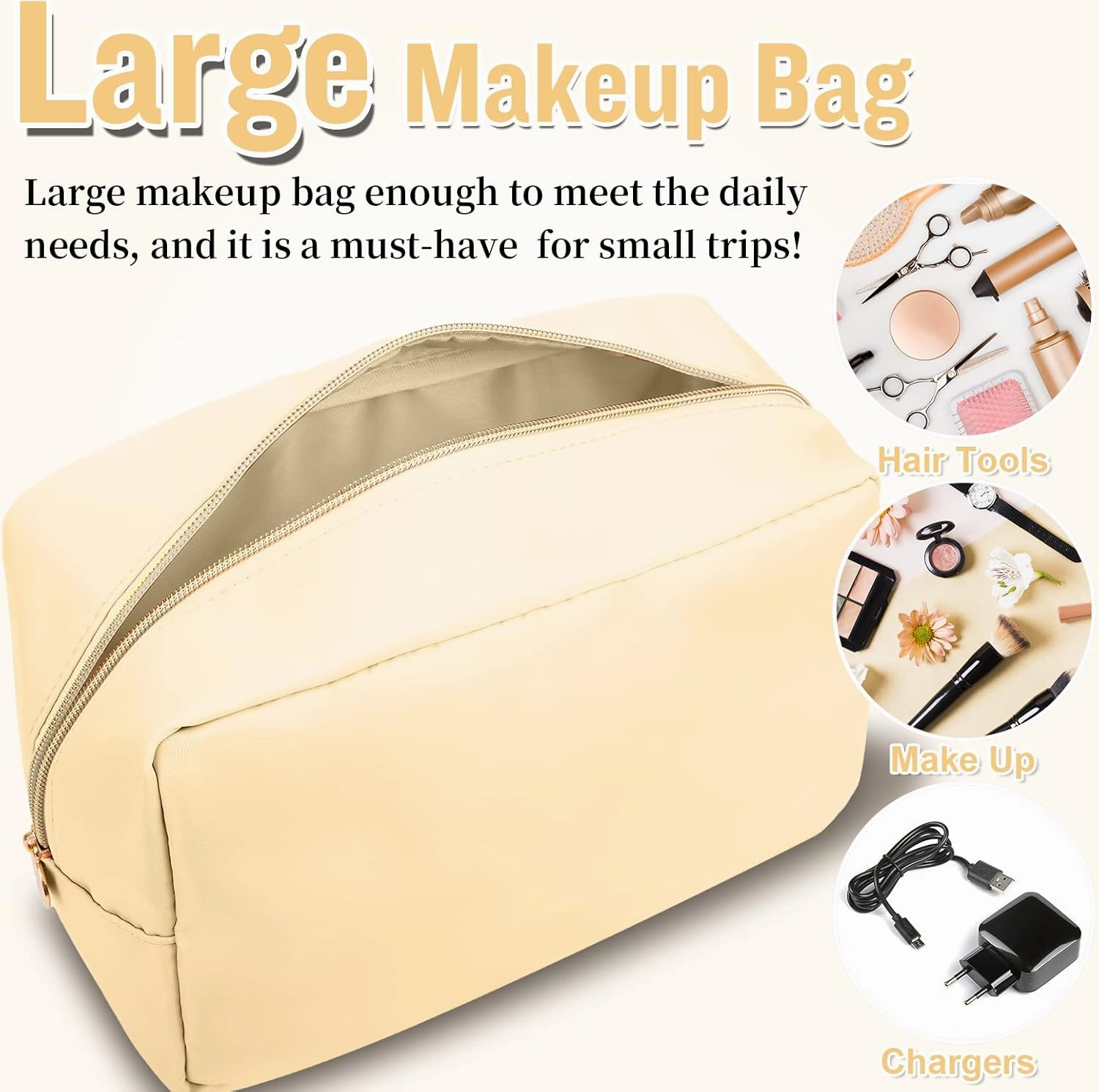 Nylon Large Makeup Bag Travel Pouch for Women, Preppy Big Makeup Bag Cute Cosmetic Zipper Pouch Purse, DIY Chenille Letter Bag Waterproof Toiletry Bag Clutch Makeup Organizer for Girls (Beige)