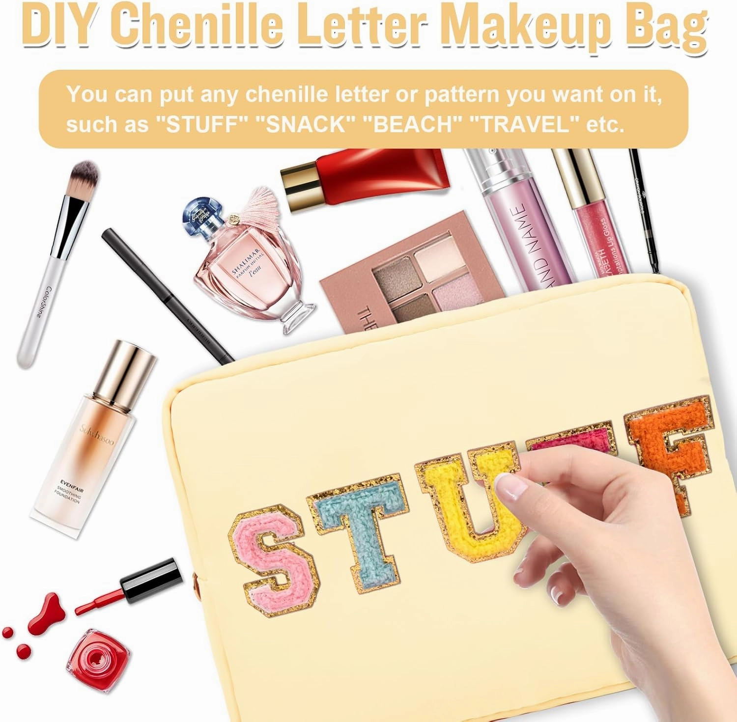 Nylon Large Makeup Bag Travel Pouch for Women, Preppy Big Makeup Bag Cute Cosmetic Zipper Pouch Purse, DIY Chenille Letter Bag Waterproof Toiletry Bag Clutch Makeup Organizer for Girls (Beige)