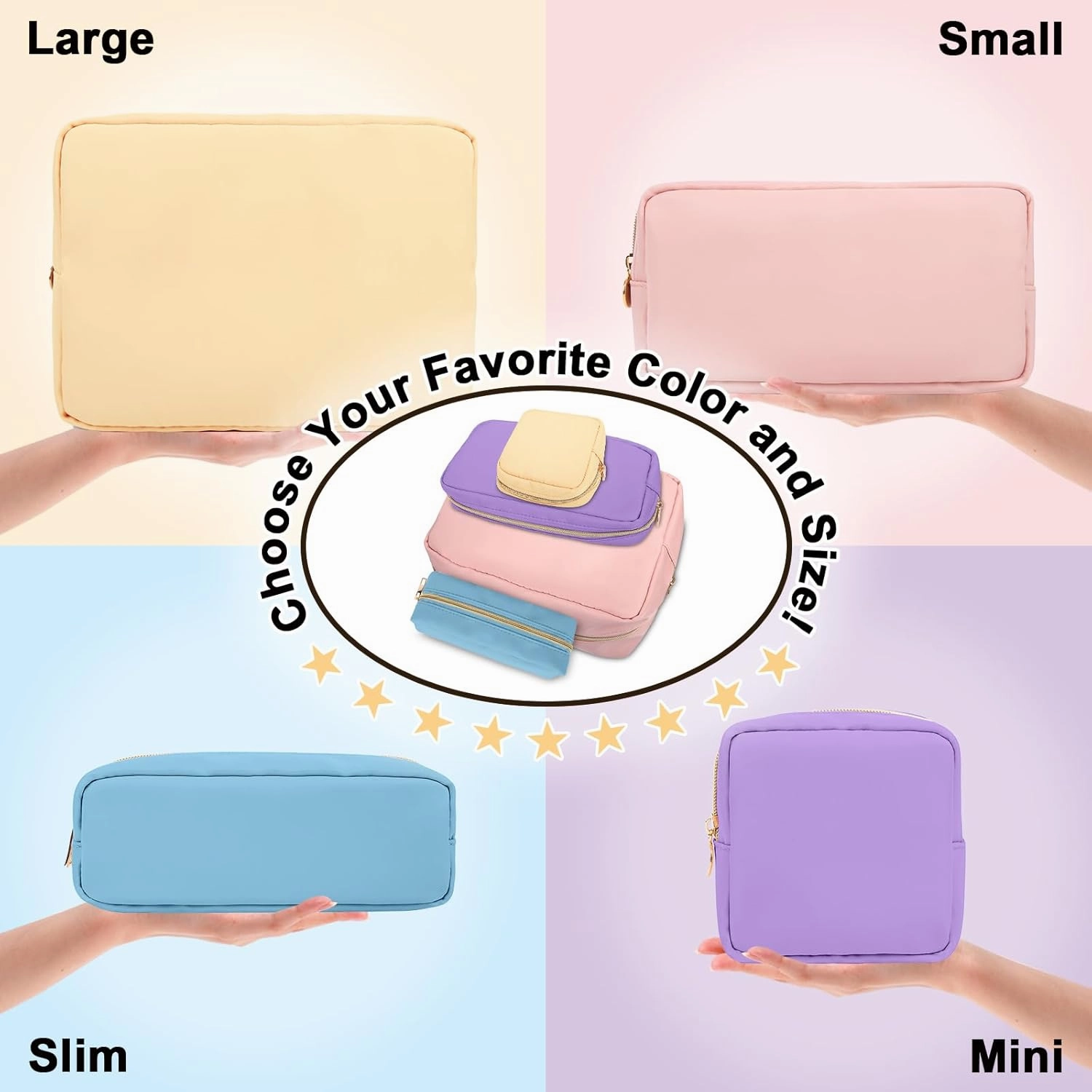 Nylon Large Makeup Bag Travel Pouch for Women, Preppy Big Makeup Bag Cute Cosmetic Zipper Pouch Purse, DIY Chenille Letter Bag Waterproof Toiletry Bag Clutch Makeup Organizer for Girls (Beige)
