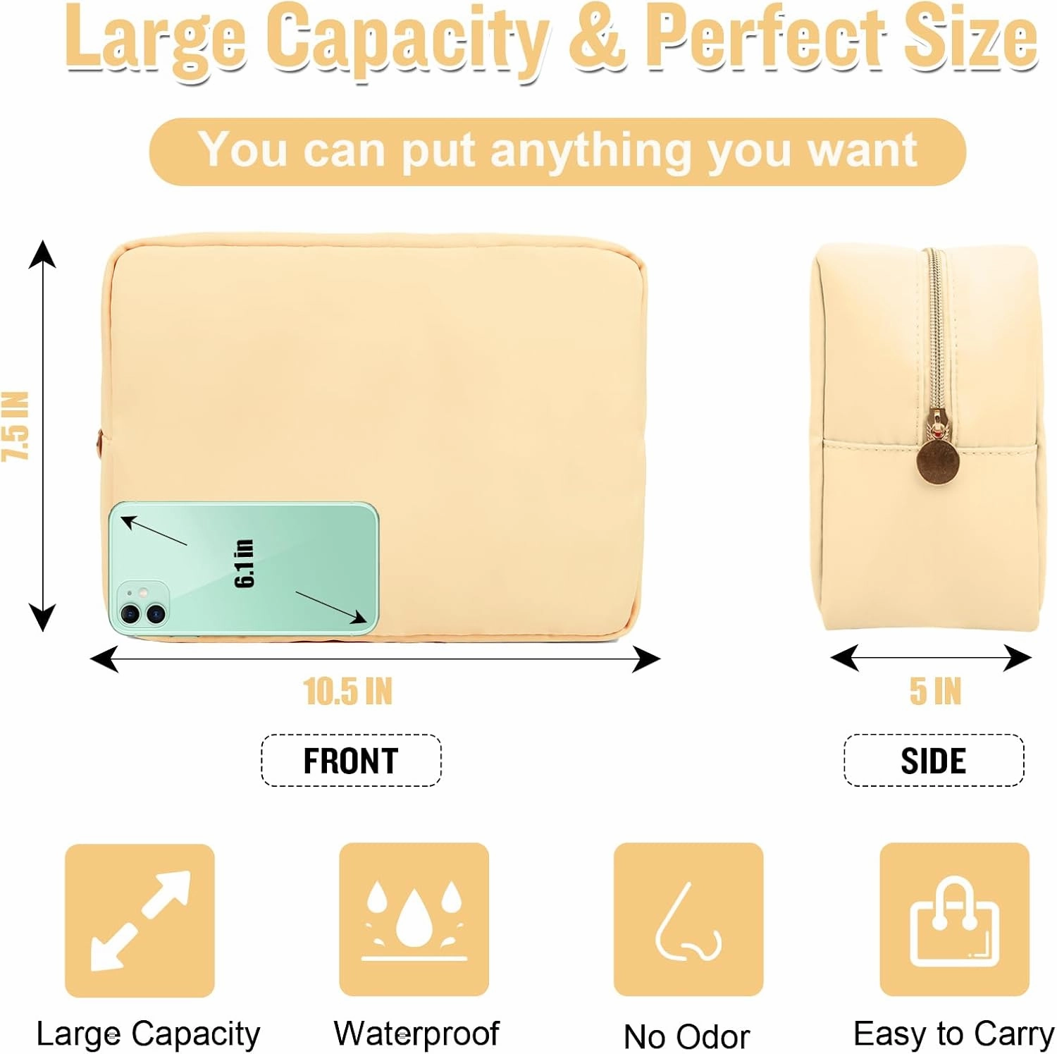Nylon Large Makeup Bag Travel Pouch for Women, Preppy Big Makeup Bag Cute Cosmetic Zipper Pouch Purse, DIY Chenille Letter Bag Waterproof Toiletry Bag Clutch Makeup Organizer for Girls (Beige)