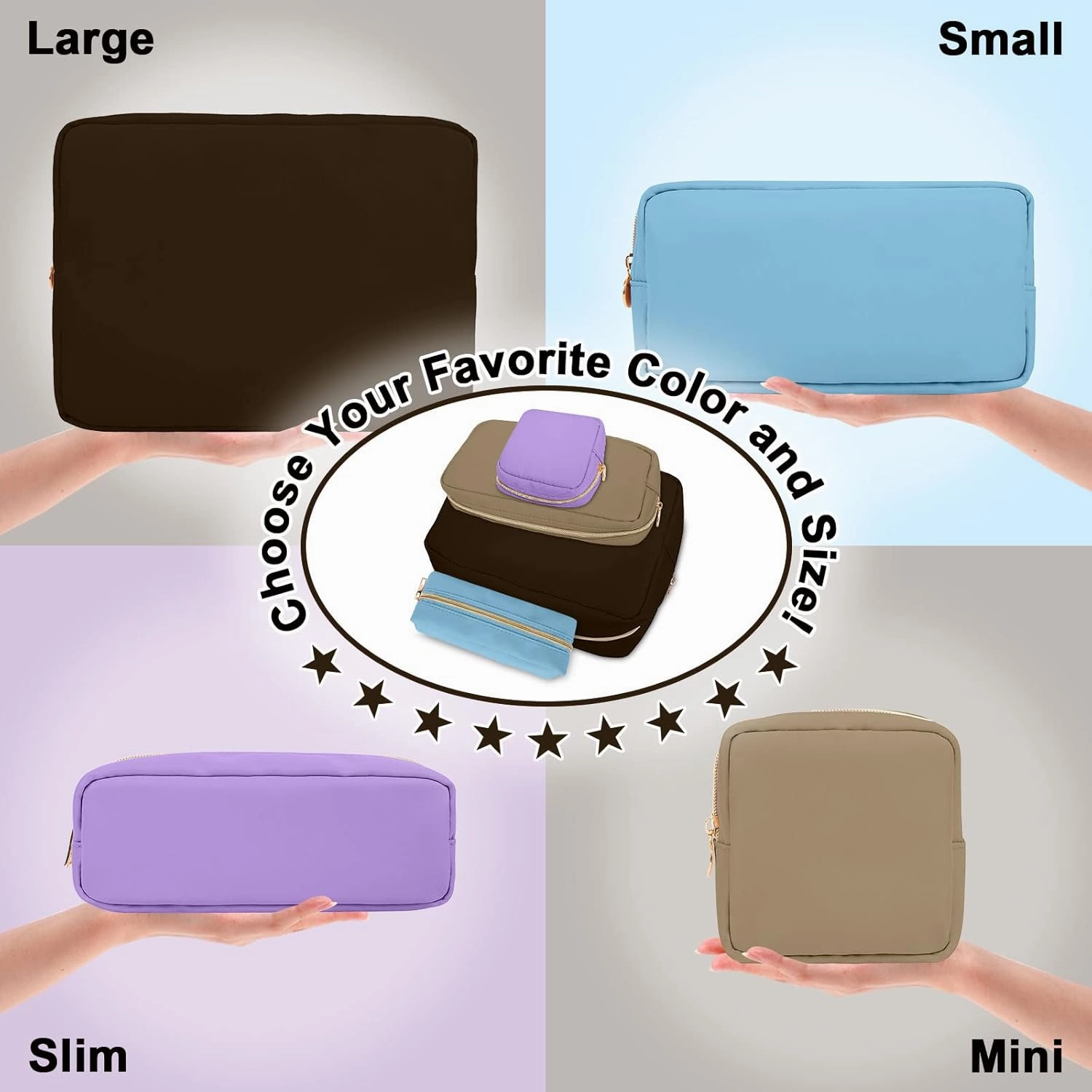 Nylon Small Makeup Bag for Purse, Cute Preppy Makeup Bag Cosmetic Zipper Pouch Purse, Waterproof Portable Travel Toiletry Bag Clutch Make Up Brush Bag Organizer Storage for Women Men Girls(Brown)